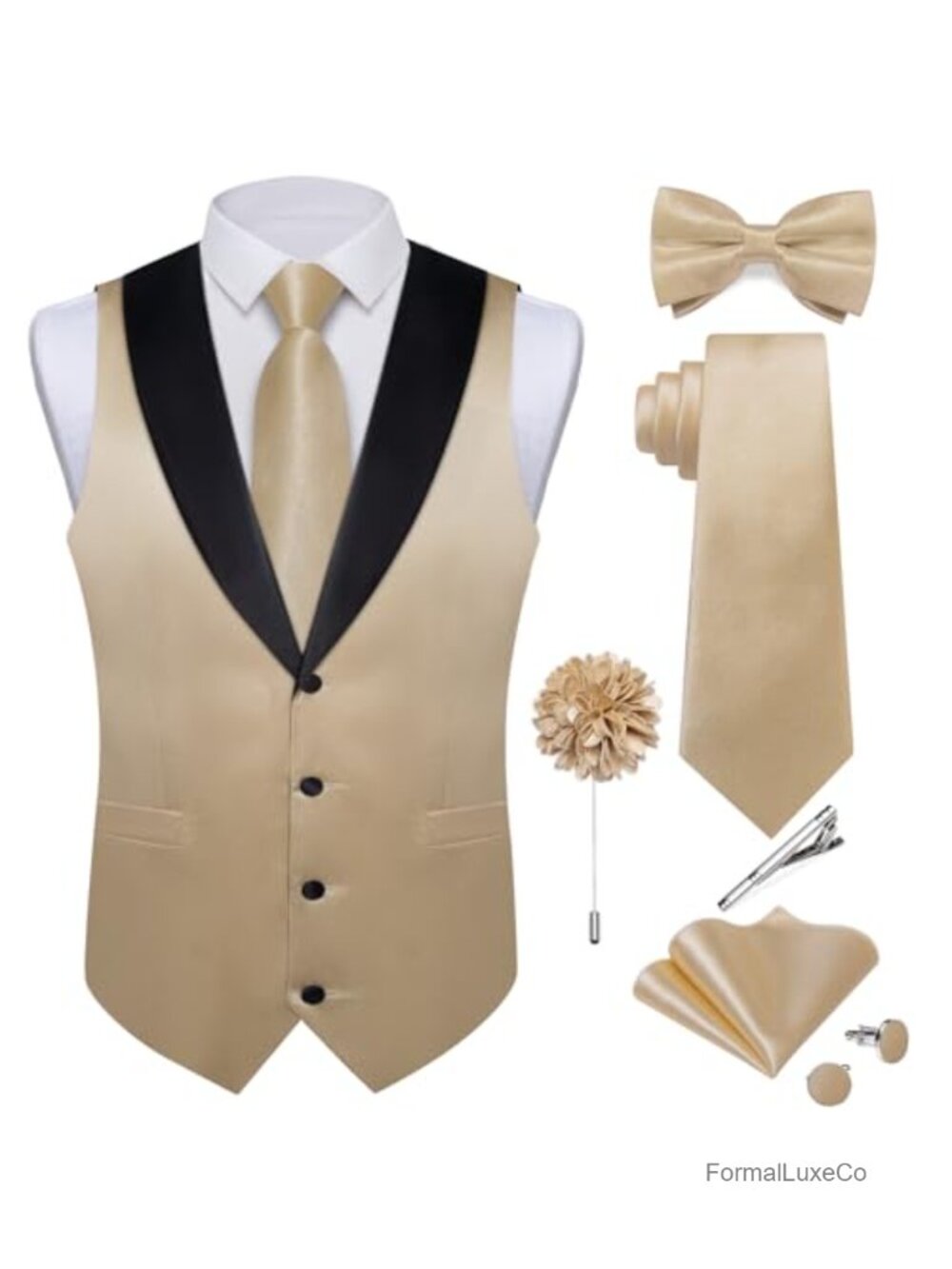 Mens Satin Vest Tie Set Shawl Collar Waistcoat Formal Suit 8 Piece